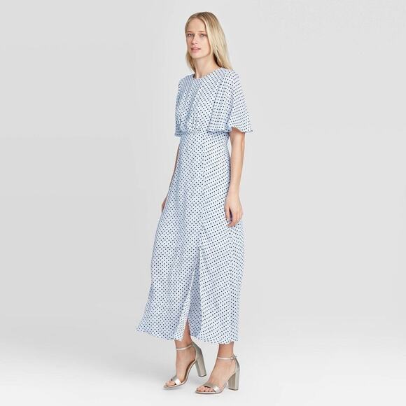 Who What Wear Blue Polkadots Flutter Sleeve Midi Dress Size S - Picture 2 of 12